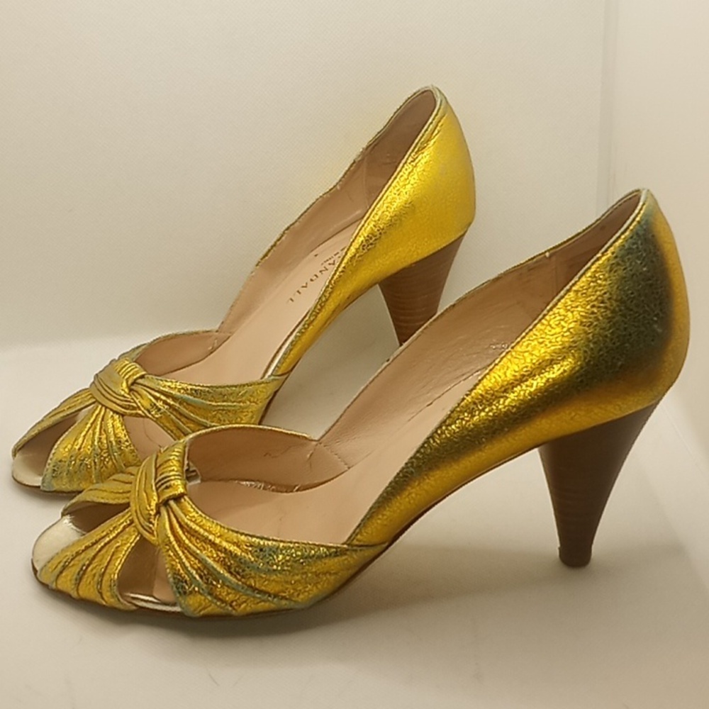 Loeffler Randall Metallic Gold Knotted Peep-Toe Heels - Picture 5 of 10